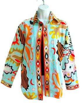 Emilio Pucci Vintage Y2K Psychedelic Signature Print Shirt Open Front Long Sleev